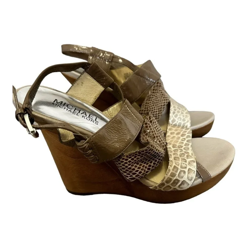 Michael Kors genuine leather strappy wedge size 7 snakeskin crocodile pa…